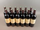 six bottles of wine lined up in a row on a table