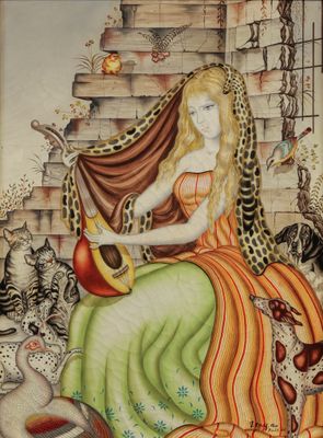 une image représentant un tableau où l'on voit une femme jouant d'un instrument de musique