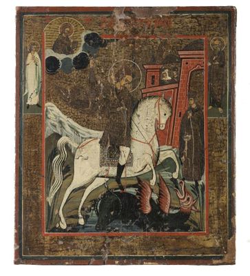 un vieux tableau représentant un homme à cheval avec un autre homme à cheval