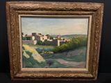 une peinture à l'huile représentant un paysage avec un village au loin