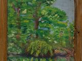 une peinture à l'huile représentant un arbre dans un champ, avec le ciel en arrière-plan