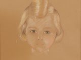 drawing of a young girl with blonde hair in a brown frame