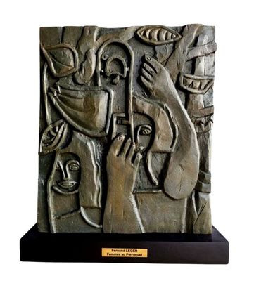 sculpture of a man holding a cup with a woman holding a cat on it