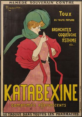an old french poster advertising a woman with a scarf on her head