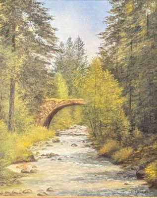 a painting of a bridge over a stream in the woods