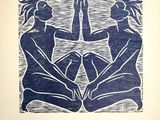 an image of a blue and white drawing of two women sitting on the ground