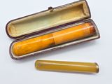 deux tubes jaunes posés dans un étui sur une surface blanche