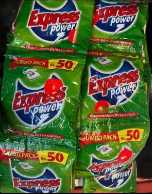 several packets of express power are stacked on top of each other