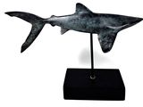statue of a shark on a black stand on a white background