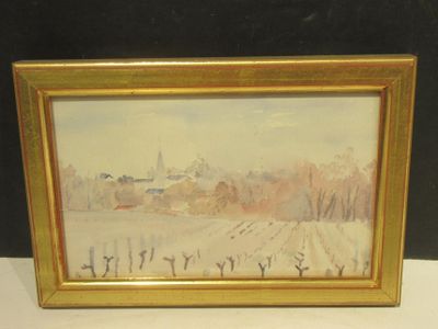 une image représentant une photo d'un tableau représentant une ferme sous la neige