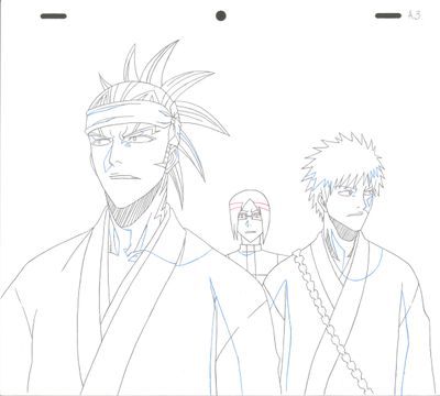 two anime characters are standing next to each other in a line