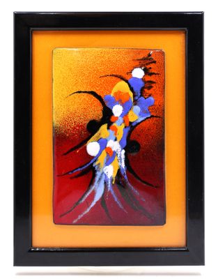framed picture of a painting of a bird and flowers on a red and yellow background