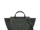 a black handbag with a zipper on the front and shoulder strap