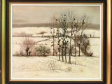 an image of a painting of a snowy landscape with birds perched on the trees
