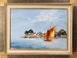 an oil painting of a sailboat on the water with a lighthouse in the background