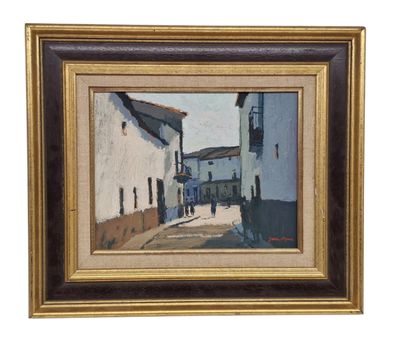 peinture à l'huile d'une scène de rue avec des bâtiments en arrière-plan