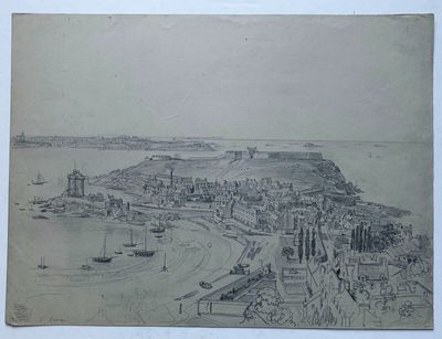un vieux dessin représentant une vue d'un port avec des bateaux et des bâtiments