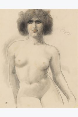 a drawing of a nude woman with a hat on her head