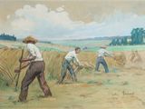 painting of a group of men working in a field of wheat