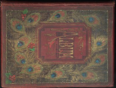 un vieux livre à la couverture rouge ornée de plumes de paon