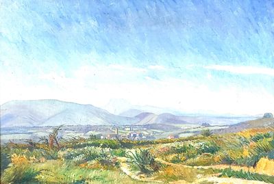 a painting of a view of a mountain range from a distance