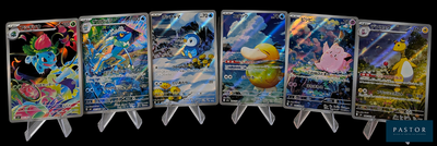 Plusieurs cartes Pokémon sont alignées les unes à côté des autres sur un fond noir.