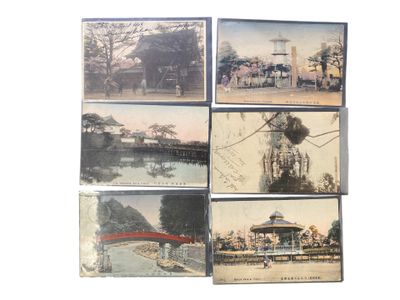 several old postcards of a park with people walking and riding horses