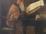 painting of a man sitting at a table reading a book