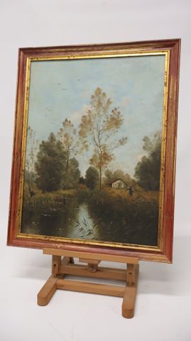 « Pêcheur au bord d’une rivière ». Huile sur panneau. 58.5 X 44.5...