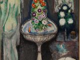 an image of a painting of a woman standing next to a table with flowers on it