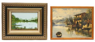 two framed paintings of a river scene and a boat in the water