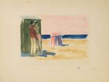 an image of a painting of a man standing in front of a beach