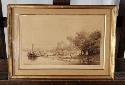 une vieille photo représentant une rivière avec un bateau sur l'eau