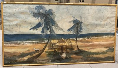 XXe. La plage. Impression sur tissu. 73 X 139.