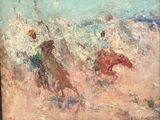 an oil painting of a man riding a horse on a beach