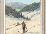 a painting of a man and a woman skiing in the snow