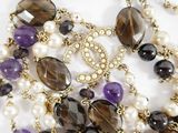 purple, white, and black necklace with pearls and amethorate