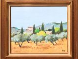 an oil painting of a landscape with olive trees and a house