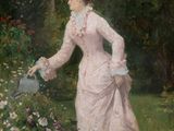 tableau représentant une femme en robe rose en train d'arroser des fleurs dans un jardin