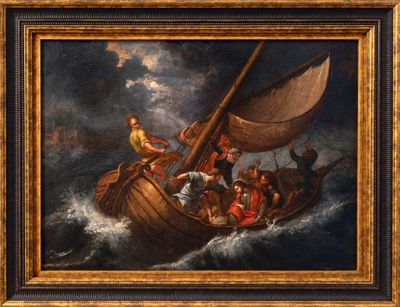 une image représentant un tableau où l'on voit un homme sur un bateau pris dans une tempête