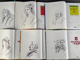 several sketches of a woman ' s face are shown in a book
