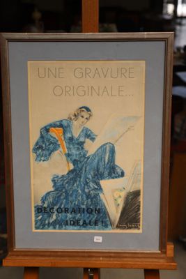 a framed picture of a woman in a blue dress
