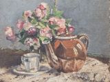 une peinture représentant une théière et une tasse posées sur une table