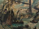 a painting of a ship in the water with a bridge in the background