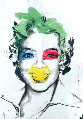painting of a woman ' s face with a smiley face painted on it