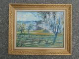 une peinture à l'huile représentant un champ avec des arbres et une clôture