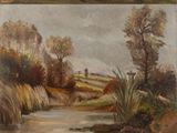 deux photos d'un tableau représentant un paysage avec une rivière au premier plan et une maison au loin