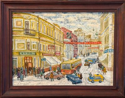 painting of a city street scene with a bus and a horse drawn carriage