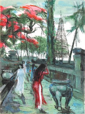 tableau représentant une femme en robe rouge marchant sur un trottoir