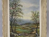 a painting of a landscape with trees and a road in the foreground
